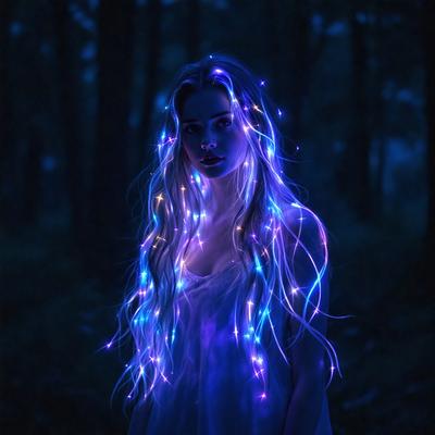 The primary subject of the image is a woman with long blonde hair and a blue dress. She is standing in a forest, surrounded by trees. The visual style of the image is a digital art, with the woman's hair and dress glowing in a purple light. The colors and mood of the image are predominantly blue and purple, creating a serene and magical atmosphere.